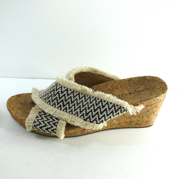 Lucky Brand Khillian open toe woven slides sandals criss cross cork wedge 9M - Picture 4 of 8